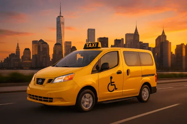 Wheelchair cab driving through Manhattan NYC offering reliable accessible transport services.