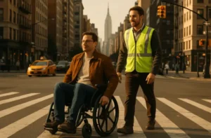Wheelchair user crossing a New York City street safely with assistance.