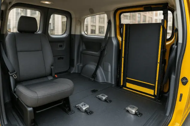 Interior view of wheelchair-accessible taxi in NYC with safety straps and wheelchair area