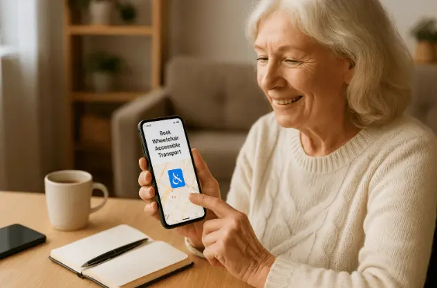 Senior planning accessible travel in NYC using wheelchair transport service.