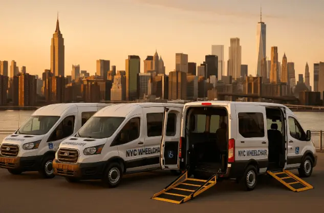 NYC Wheelchair vans near Manhattan skyline providing all-borough accessible transport, Reliable Wheelchair Taxi Near Me NYC.