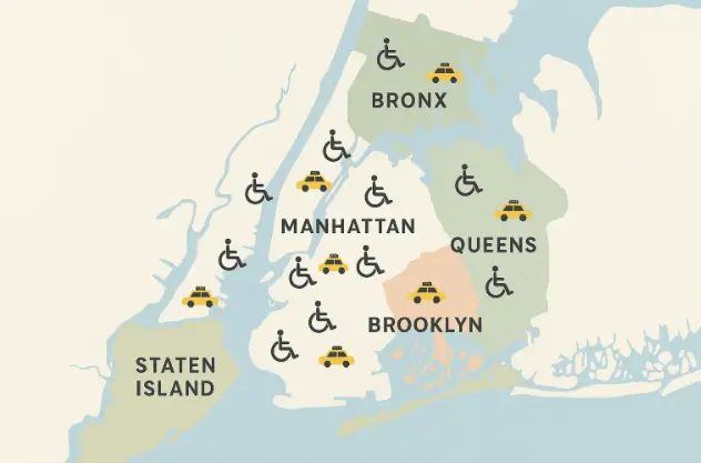 Map of NYC showing boroughs covered by wheelchair taxi and accessible cab services