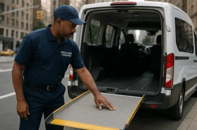 Driver performing safety checks on a wheelchair accessible van in New York to ensure safe mobility rides.