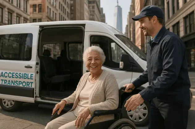 Senior using wheelchair accessible transport in NYC for safe and comfortable mobility.