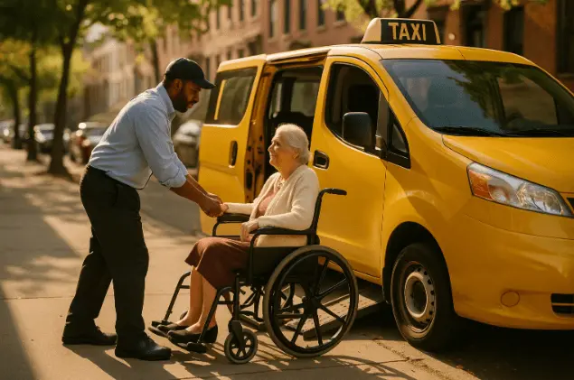 Driver helping senior passenger into accessible taxi on a Brooklyn street