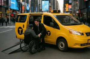 Wheelchair-accessible yellow taxi helping a passenger near Times Square in New York City