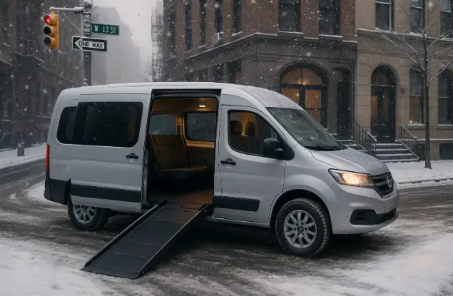 accessible taxi winter NYC van with ramp and snow-ready safety features.