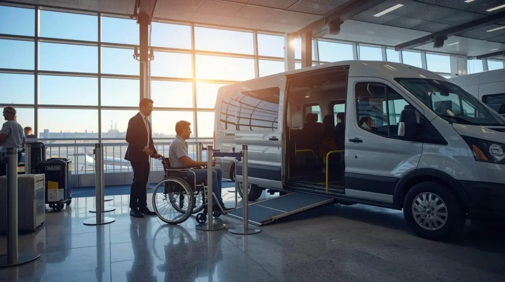 Wheelchair passenger receiving assistance at NYC airport, ADA-accessible van in background, professional staff helping.