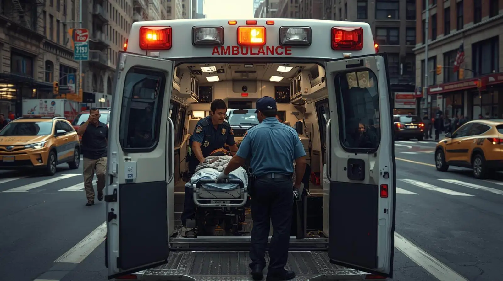 Ambulance transporting patient in NYC, paramedics assisting, ADA-equipped vehicle.