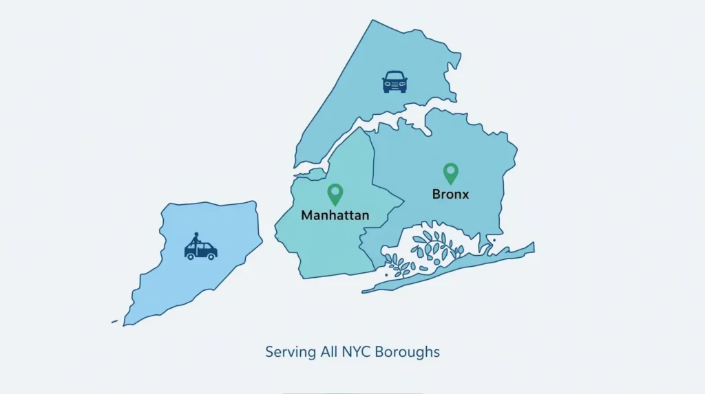 Map of New York City showing five boroughs served by accessible group transportation.