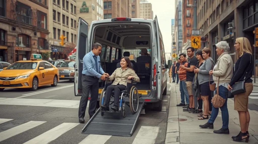 Wheelchair-accessible van with a driver assisting a group of passengers in New York City.