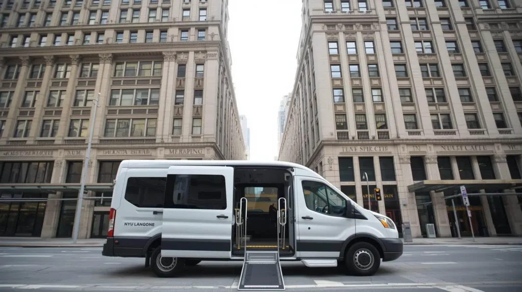 Accessible hospital ride service van with wheelchair ramp in NYC.