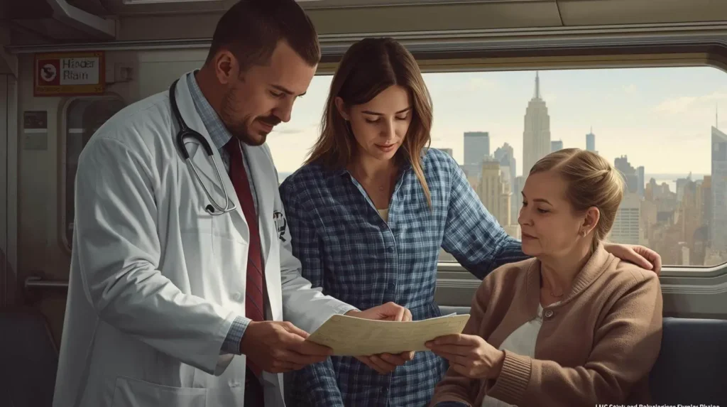 Patient and caregiver reviewing medical transport options in NYC.
