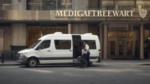 Non emergency medical transport van in NYC helping a patient in a wheelchair.