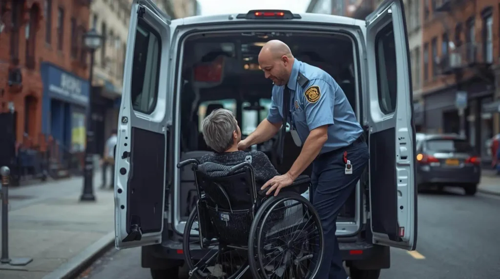 Driver assisting patient into medical transport van in NYC.