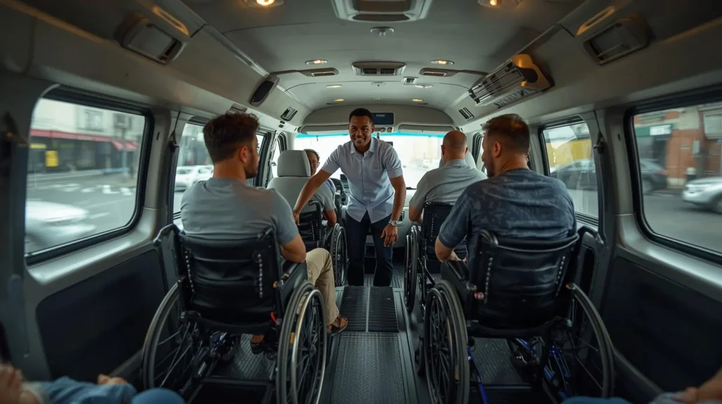 Accessible van with trained driver assisting multiple wheelchair users in New York City.