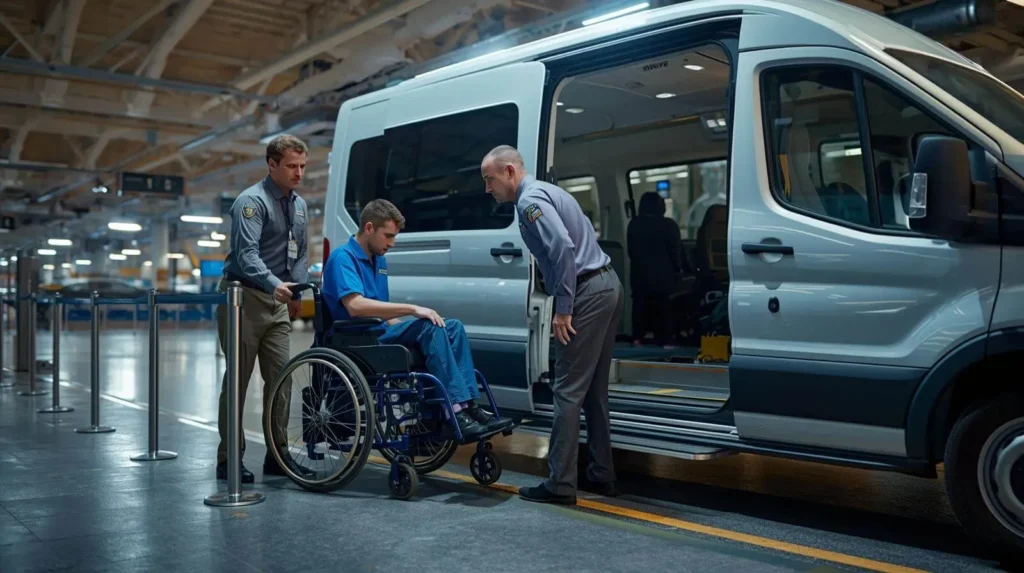 Reliable JFK airport wheelchair transportation NYC with staff helping passenger.
