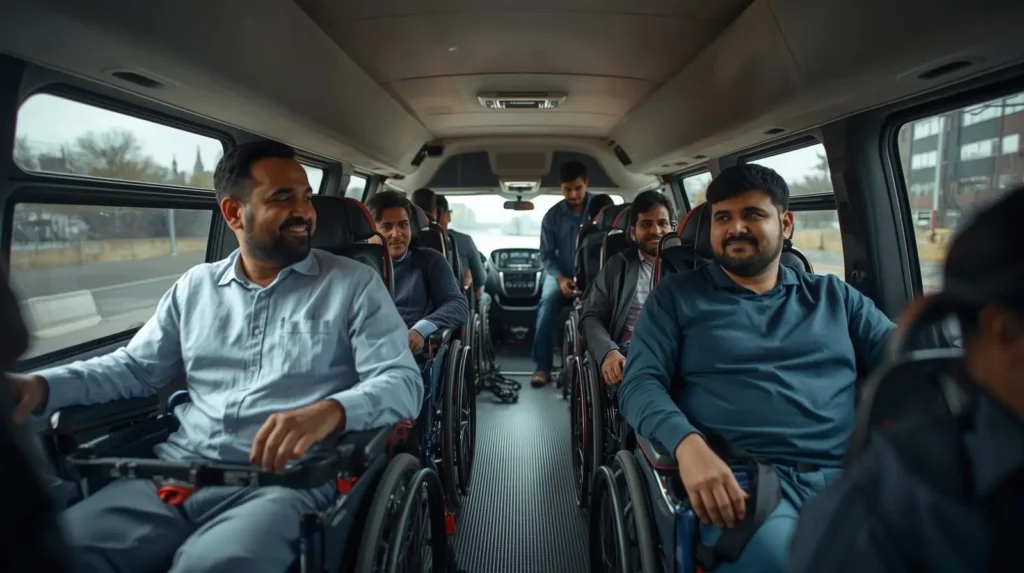 Multiple wheelchair users traveling together in a spacious accessible van with driver and caregivers in NYC.