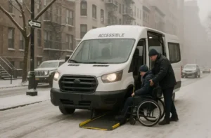wheelchair accessible rides NYC winter service helping passengers in snowy conditions