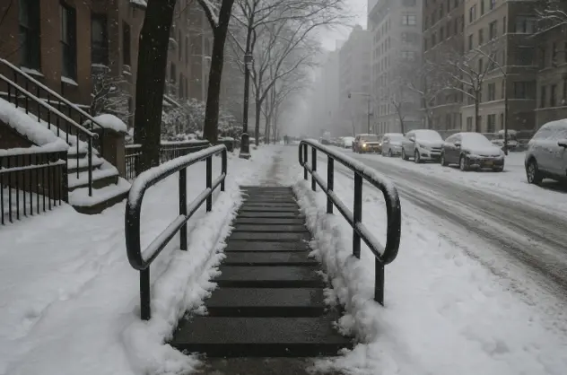 winter wheelchair transport NYC showing snow barriers and mobility challenges.
