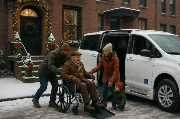 winter wheelchair transport NYC for seniors visiting family during holidays.