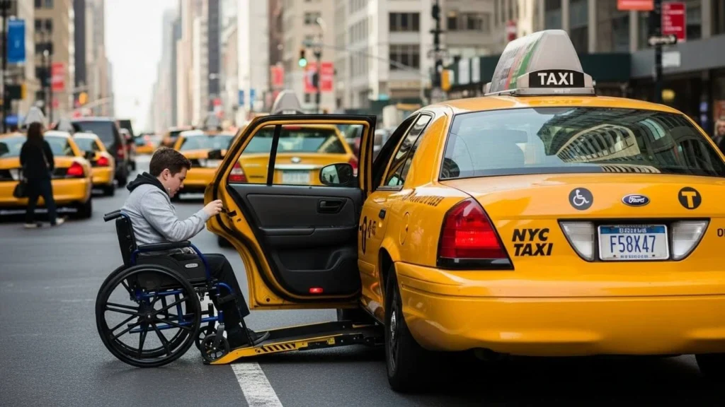 wheelchair accessible taxi in NYC with ramp deployed.