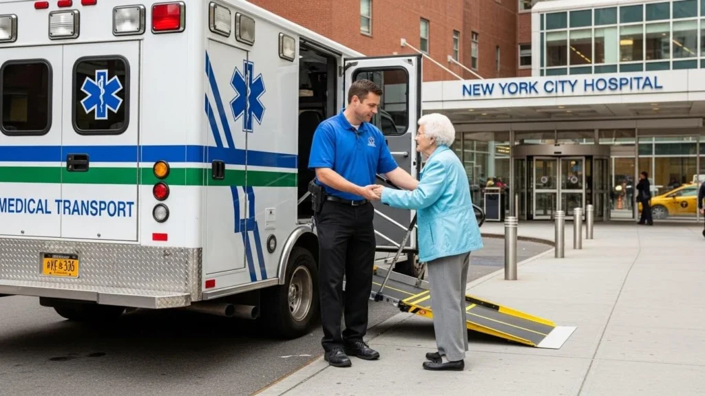 compare transport types NYC, ambulette service NYC assisting patient with mobility support.