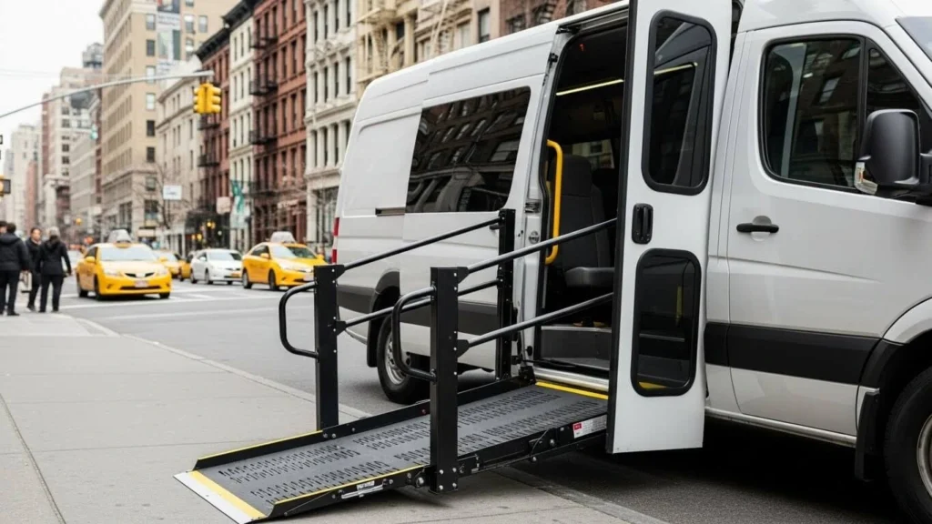 handicap accessible vehicles with ramp and safety features.