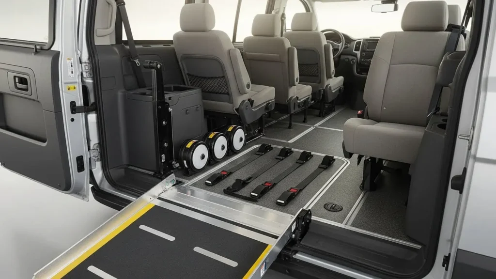 handicap accessible vehicles with wheelchair ramp and secure seating.