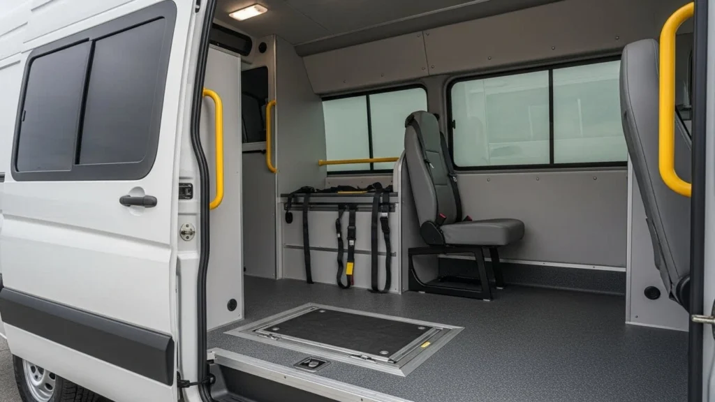 mobility vehicle with wheelchair ramp and spacious interior.
