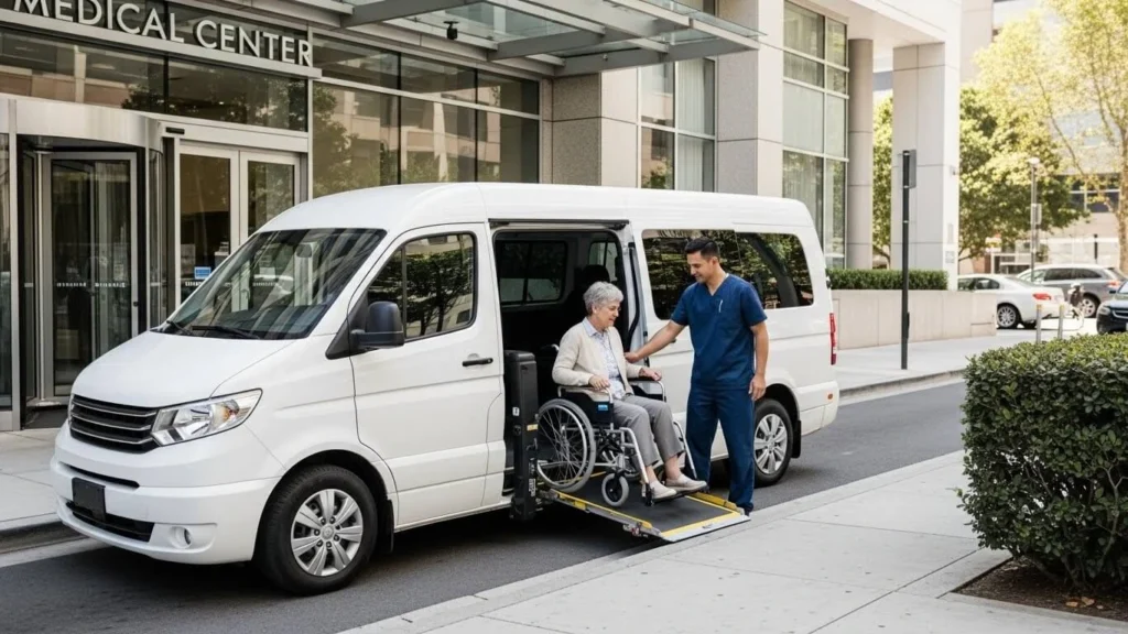 mobility vehicle transporting wheelchair passenger safely.