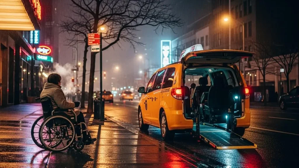 daily wheelchair transport problems NYC at night.